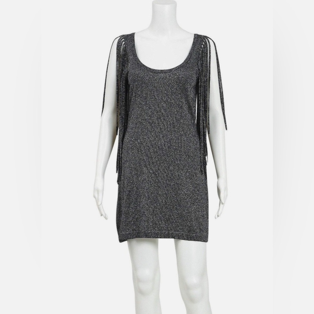 BCBG Maxazria Black/Silver Sparkling Long Fringe Sleeves Dress Womens Sz XS